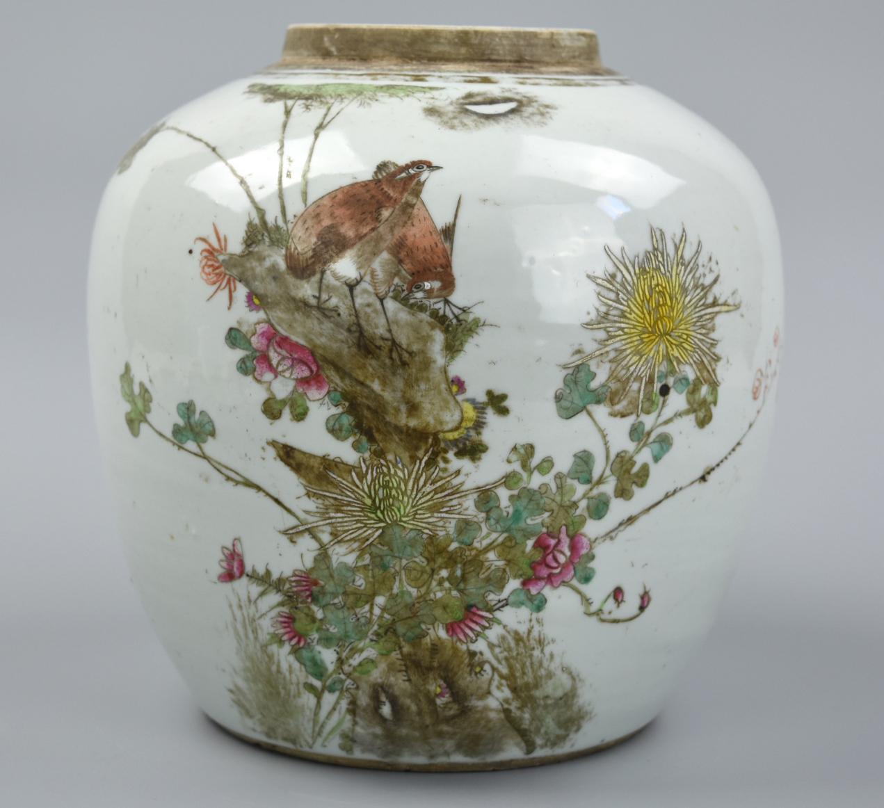 Appraisal: CHINESE QIANJIANG ENAMEL JAR W BIRDS TH C A Late