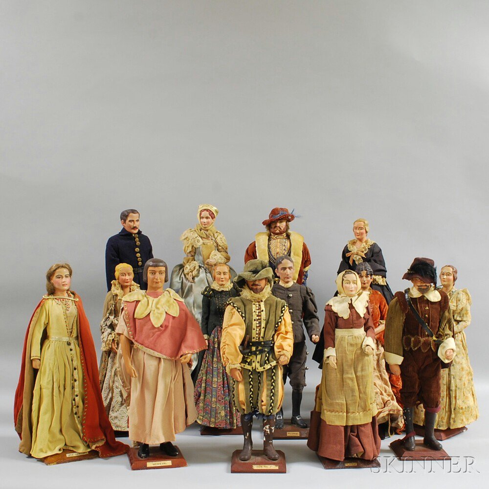 Appraisal: Collection of Fourteen Carved and Polychrome-painted Gesso Historical Costume Dolls