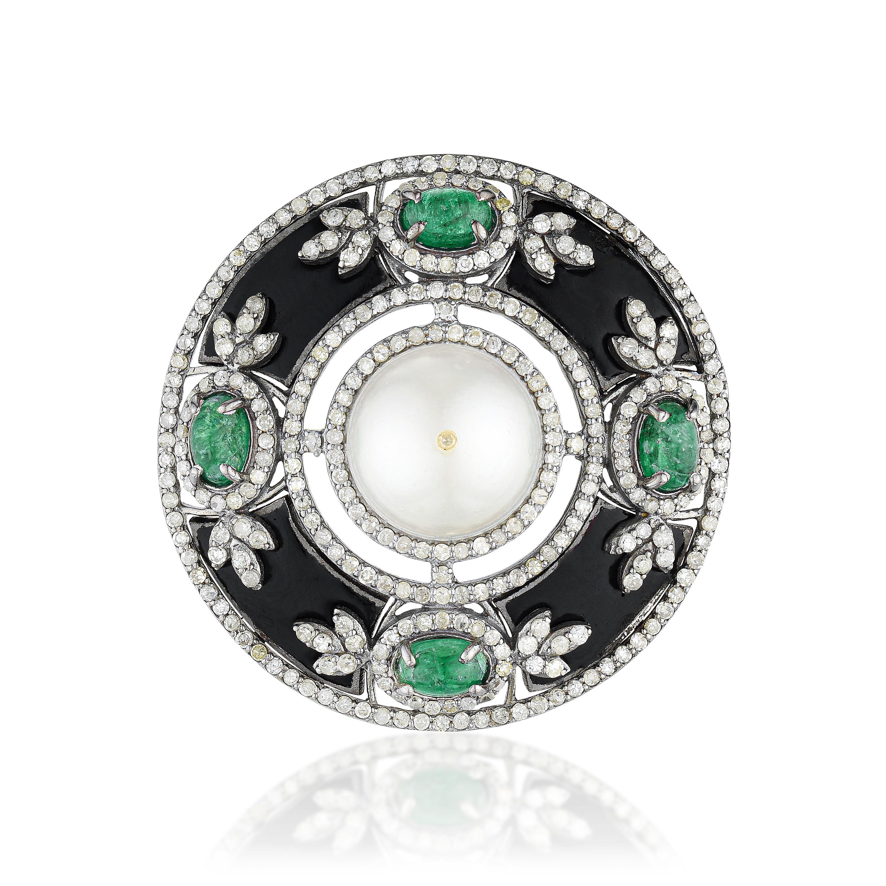 Appraisal: PEARL ONYX AND DIAMOND BROOCH PENDANT METAL silver with K