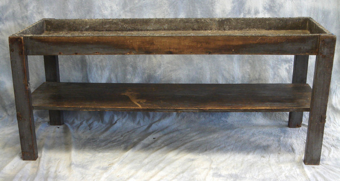 Appraisal: Primitive water bench with zinc insert old blue painted surface