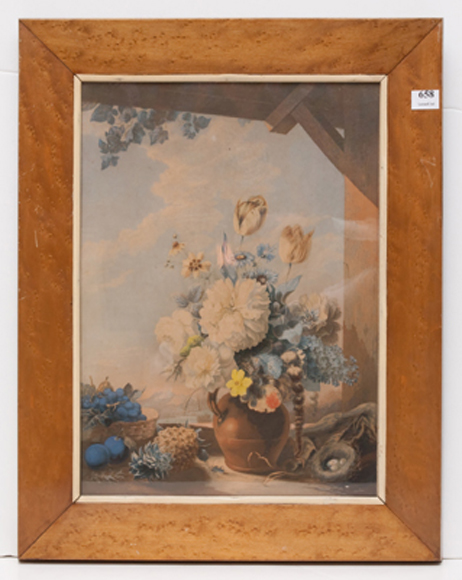 Appraisal: A BAXTER OIL PRINT WITHIN A BIRDSEYE MAPLE FRAME