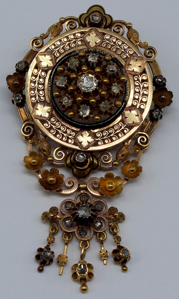 Appraisal: JEWELRY Etruscan Revival kt Gold Diamond and Enamel Brooch Etruscan