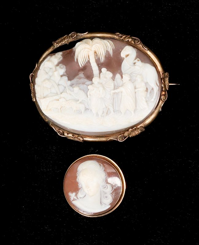 Appraisal: TWO TH CENTURY VICTORIAN CARVED CAMEO BROOCHES A large complex