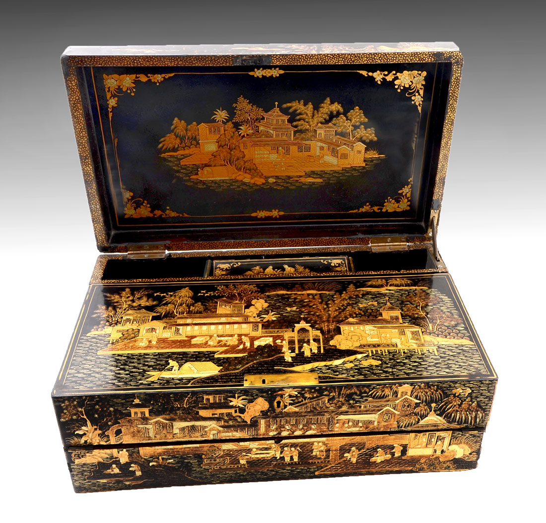 Appraisal: TH CENTURY BLACK LACQUER AND CHINOISERIE LAP DESK Chinoiserie decorated