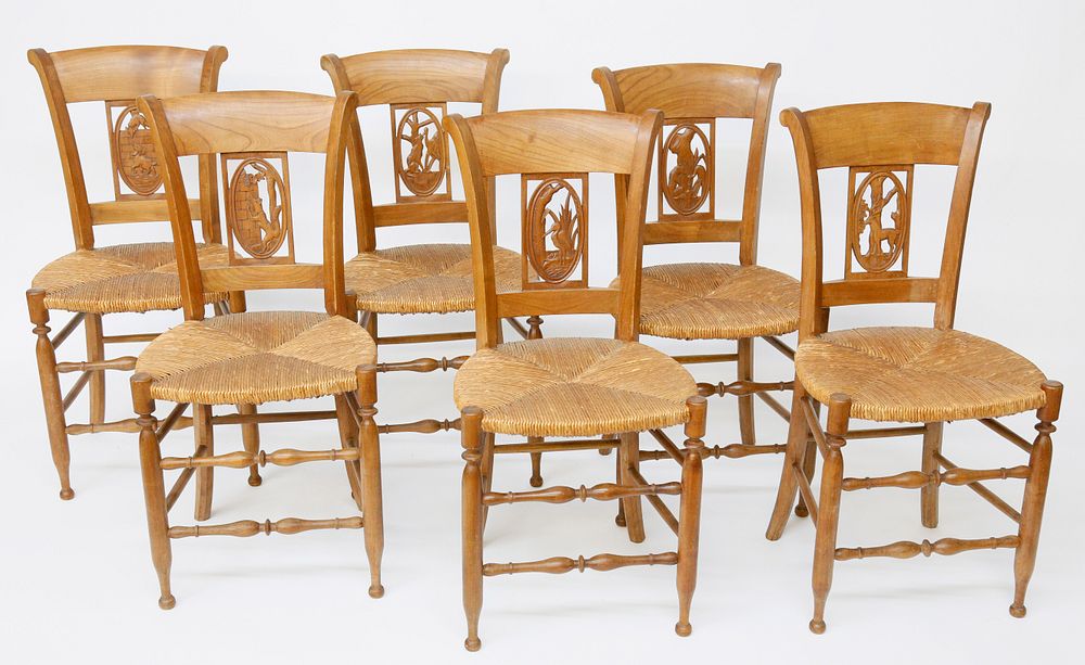 Appraisal: Set of Six Fruitwood Carved Rush Seat Dining Chairs circa