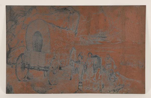 Appraisal: Two engraved copper panels depicting settlers moving west Conestoga wagons