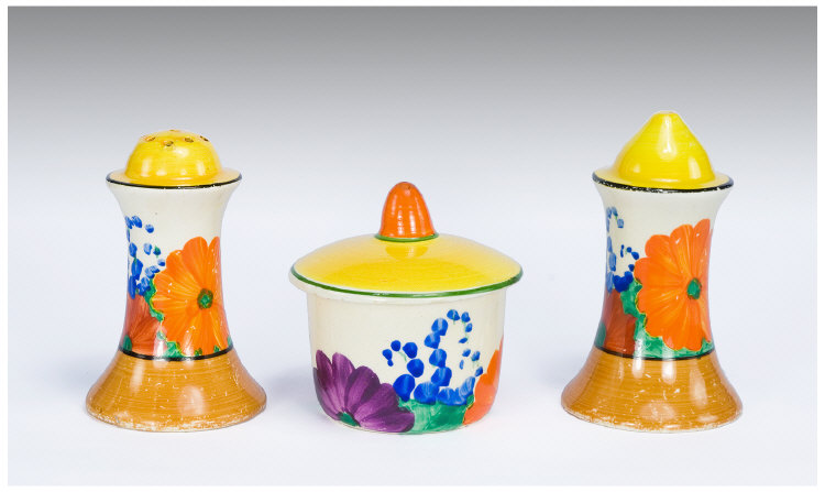 Appraisal: Clarice Cliff Piece Cruet Set circa 'Gayday design' Bizarre range