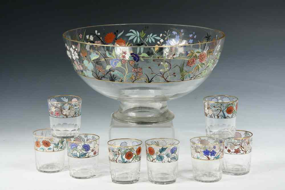 Appraisal: ENAMELED GLASS PUNCH BOWL TUMBLERS - Victorian Clear Glass Footed