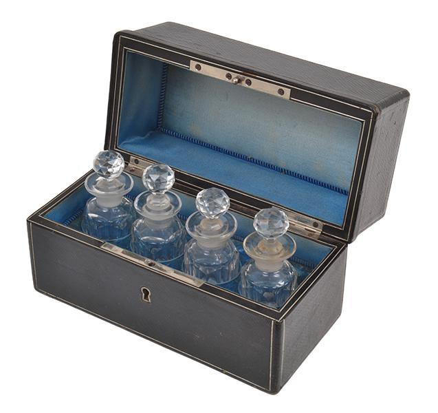 Appraisal: VICTORIAN LEATHER CASED TRAVELLING FOUR BOTTLE CASE SOME BOTTLES CHIPS