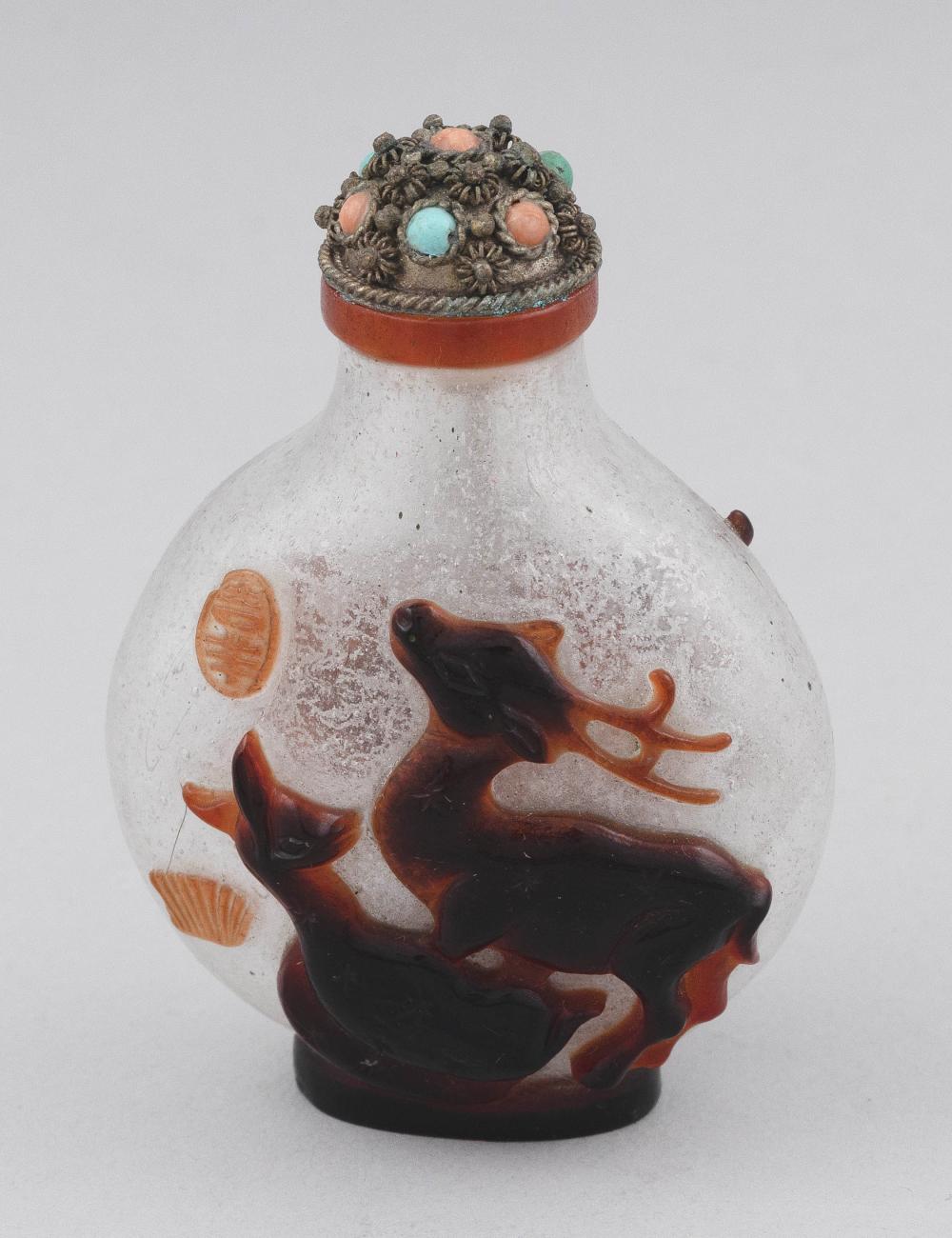 Appraisal: CHINESE OVERLAY GLASS SNUFF BOTTLE LATE TH CENTURY HEIGHT CHINESE