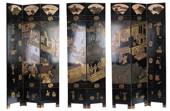 Appraisal: CHINESE COROMANDEL EIGHT FOLD SCREEN Carved to depict court scene