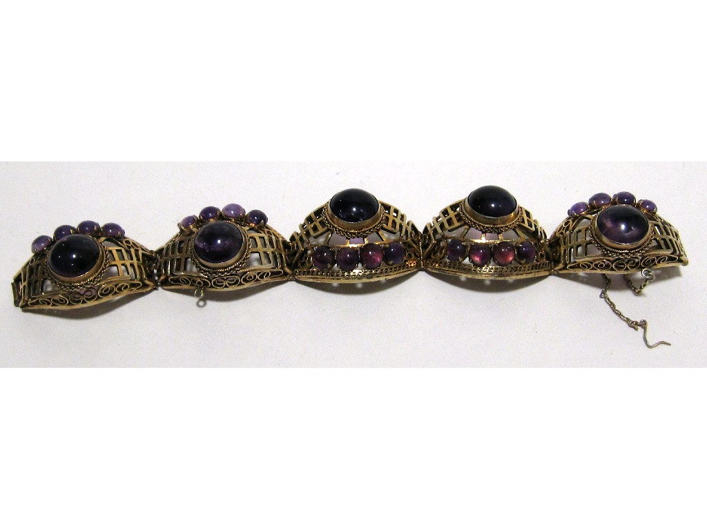 Appraisal: Chinese silver gilt filigree work bracelet set with cabochon amethysts