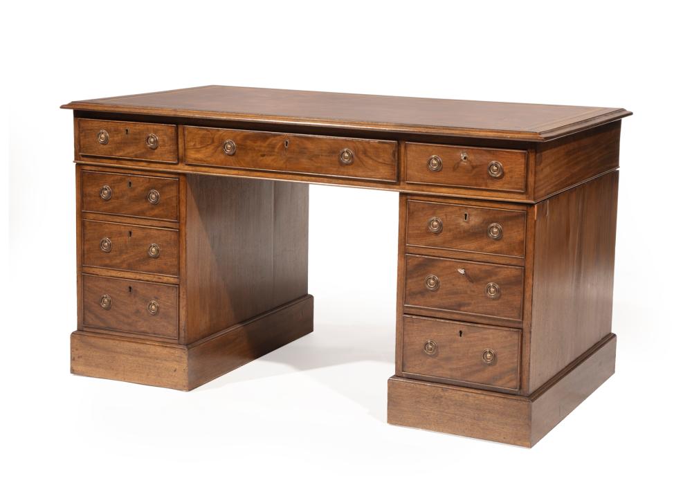 Appraisal: Georgian-Style Walnut Pedestal Desk inset tooled leather top each pedestal