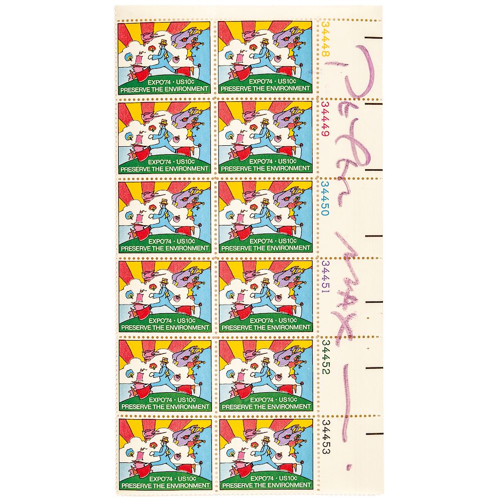 Appraisal: PETER MAX Signed World's Fair Expo Vibrant Colorful Stamp Sheet