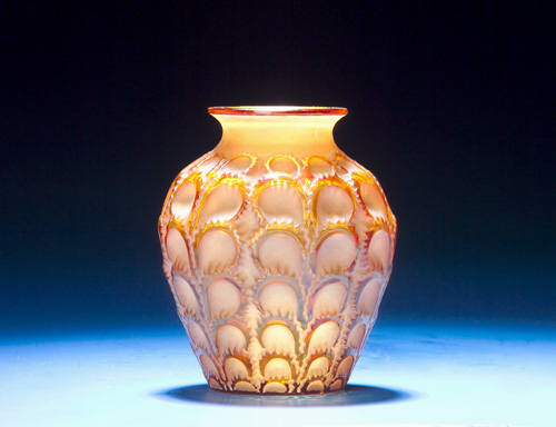 Appraisal: R LALIQUE Vase Laiterons amber with white patina ca Stenciled