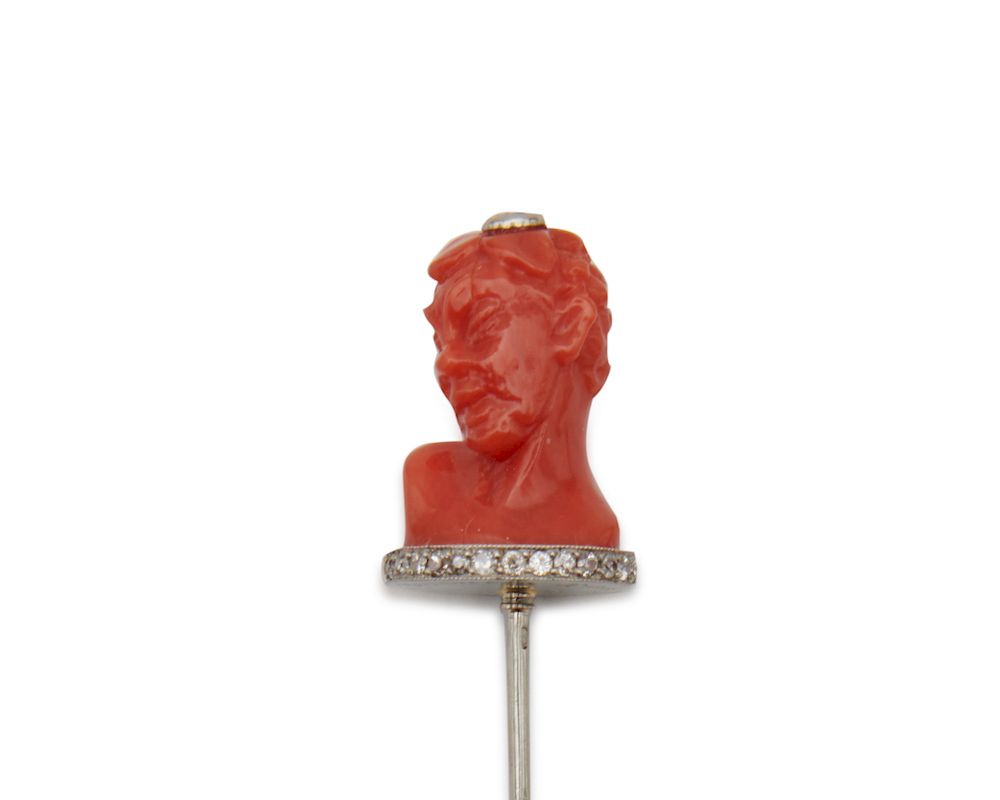 Appraisal: BOUCHERON Platinum Carved Coral and Diamond Stickpin BOUCHERON Platinum Carved