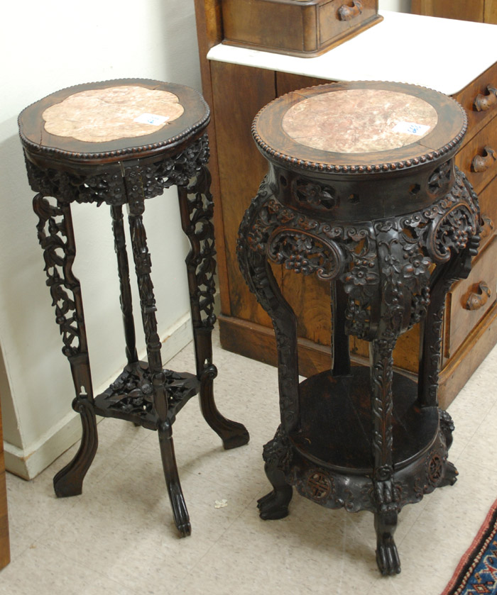 Appraisal: TWO CHINESE EXPORT PEDESTAL TABLES both of hand carved Hongmu