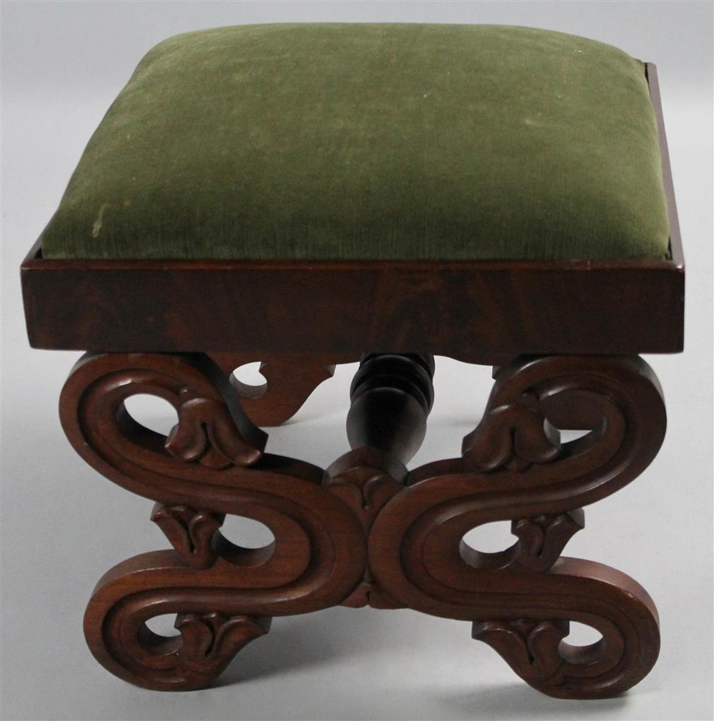 Appraisal: CLASSICAL CARVED MAHOGANY STOOL having an olive green velvet drop