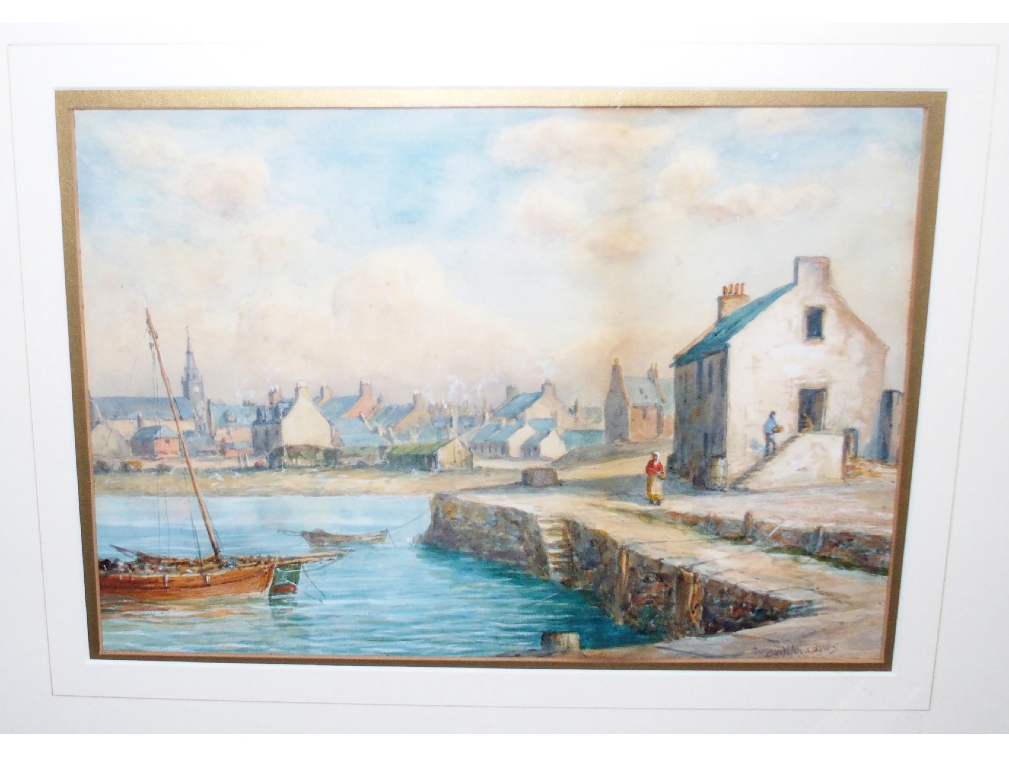 Appraisal: CHRIS MEADOWS Scottish coastal harbour signed watercolour