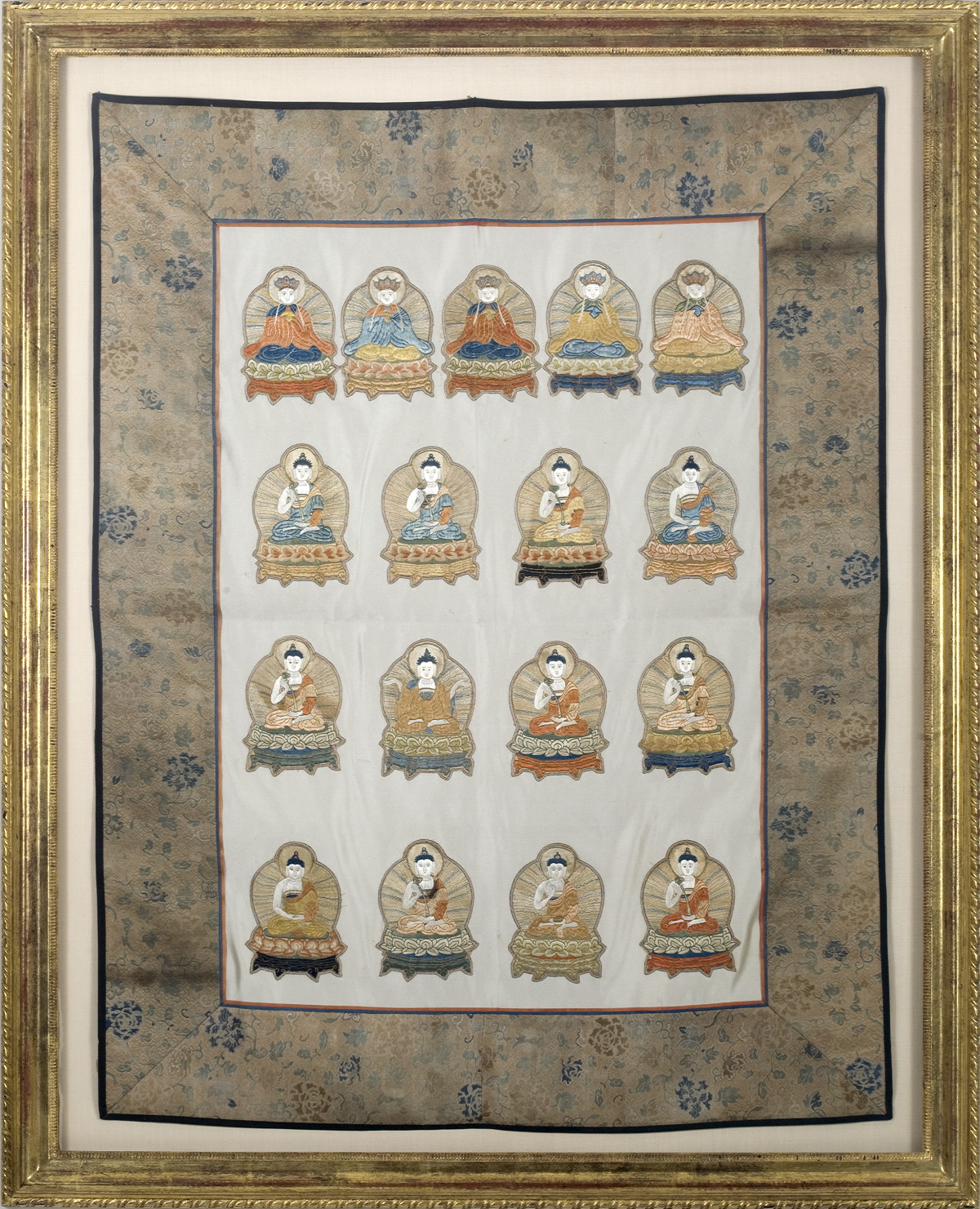 Appraisal: CHINESE SILK EMBROIDERY PANEL DEPICTING SIXTEEN BUDDHAS SEATED IN THE