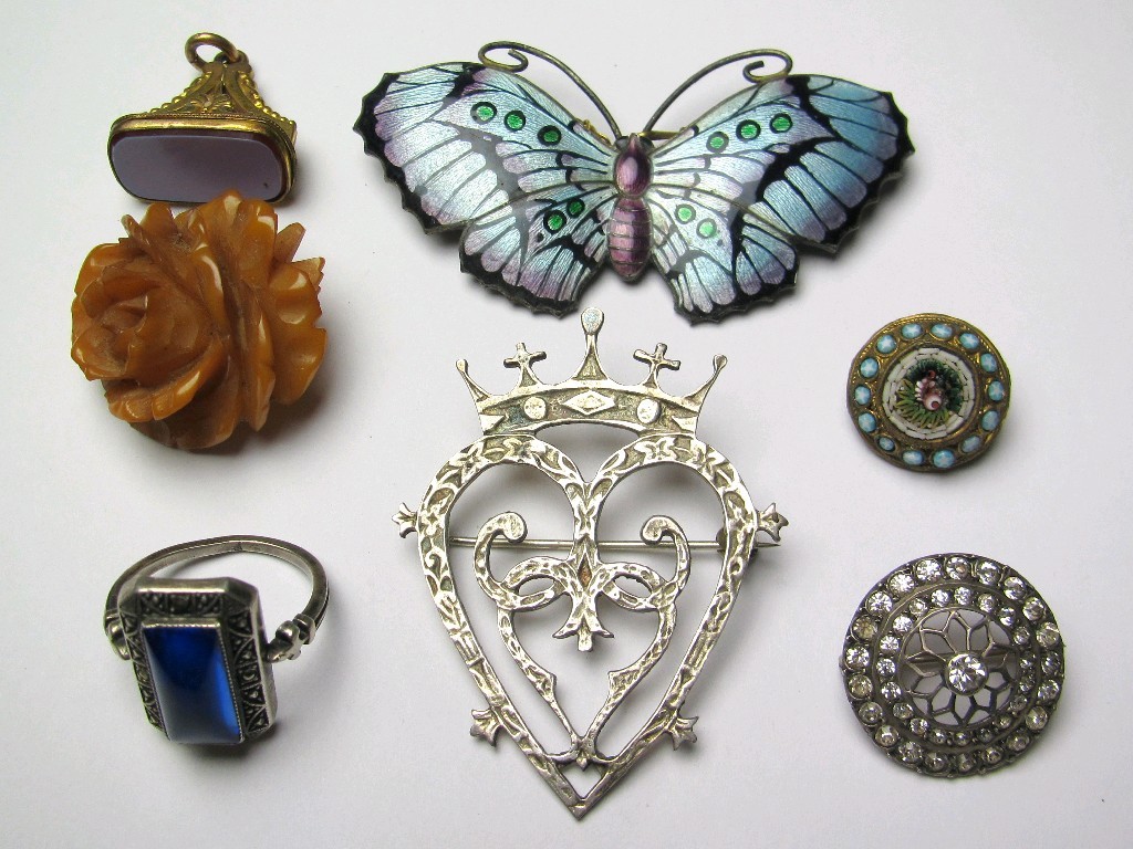 Appraisal: Lot comprising silver and enamel butterfly brooch silver Luckenbooth brooch