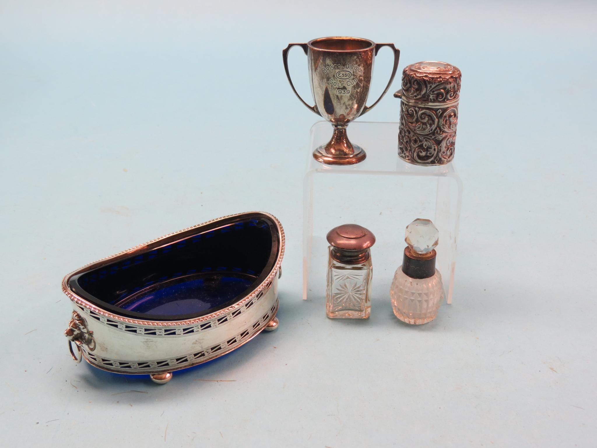 Appraisal: A Georgian-style bright-cut silver serving dish oval-shape with blue glass