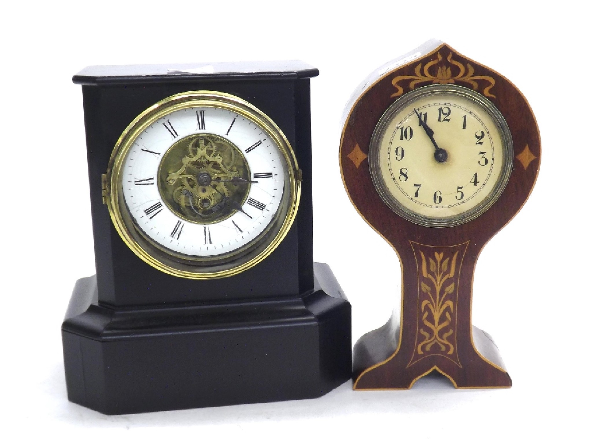 Appraisal: Mahogany balloon inlaid mantel clock timepiece high also an ebonised