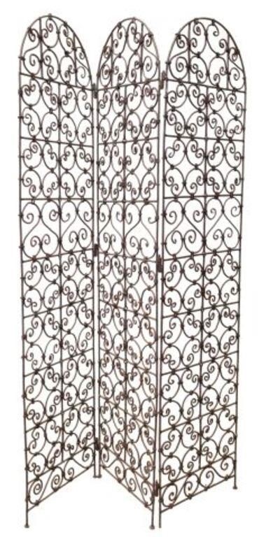 Appraisal: Wrought iron three-panel folding screen with c-scrolls and s-scrolls each