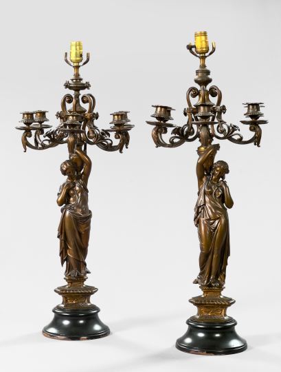 Appraisal: Pair of Napoleon III Bronze-Patinated Spelter Figural Six-Light Candelabra third