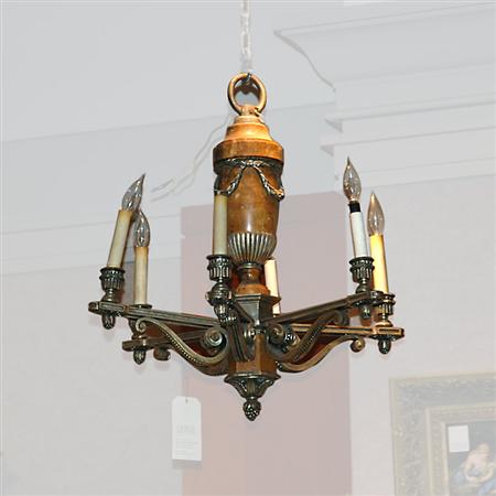 Appraisal: Louis XVI Style Silvered Bronze and Yellow Marble Six-Light Chandelier