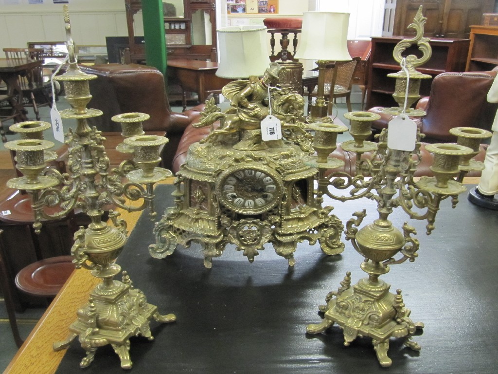 Appraisal: Reproduction brass clock garniture three pieces