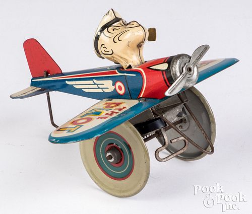 Appraisal: MARX POPEYE LITHOGRAPHED TIN AIRPLANE WIND-UP TOYMarx Popeye lithographed tin