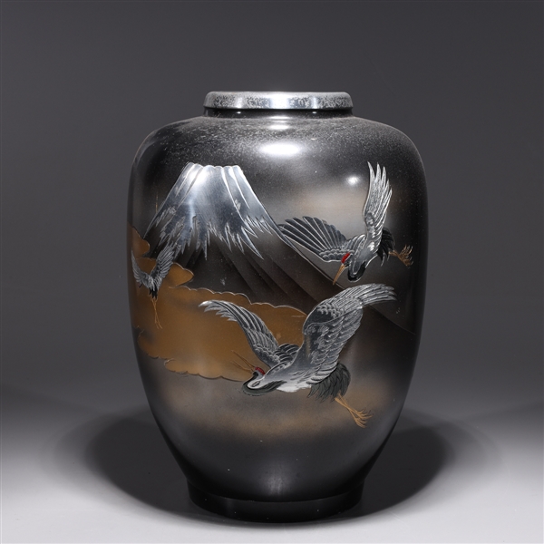 Appraisal: Chinese metal vase with bird and mountain scene metal rim