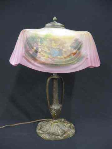 Appraisal: Reverse Painted Art Glass Lamp courting scenes satin drapery ''