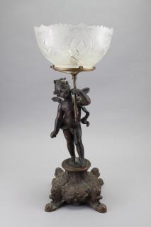 Appraisal: Cherub Holding Torch w Etched Glass Bowl Cherub Holding Torch