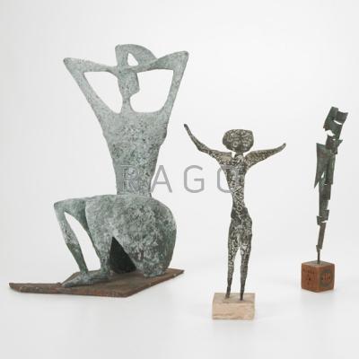 Appraisal: MODERNIST SCULPTURE Three abstract patinated metal pieces mid th c