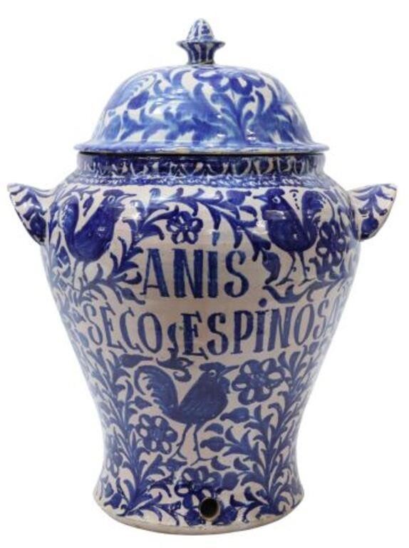 Appraisal: Large blue and white tin-glazed earthenware urn beverage dispenser likely