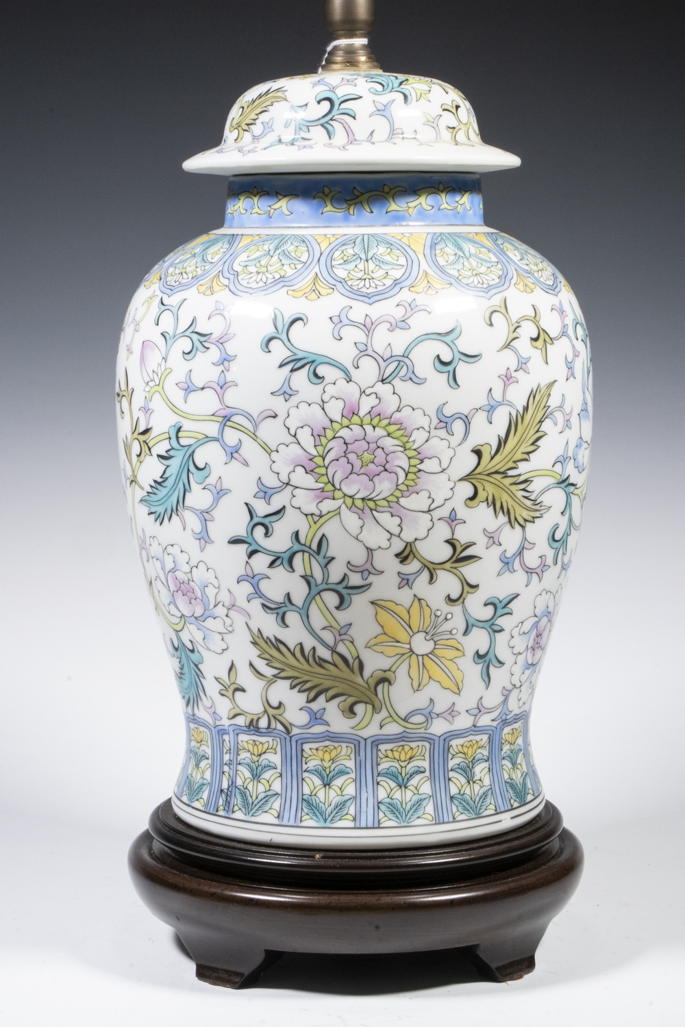 Appraisal: CHINESE GINGER JAR AS LAMP BASE WITH SHADE Floral Design