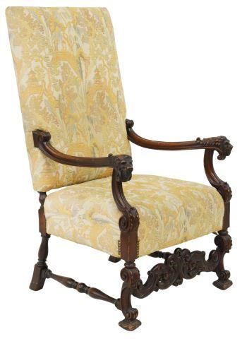 Appraisal: French Louis XIV style carved walnut armchair th c highback