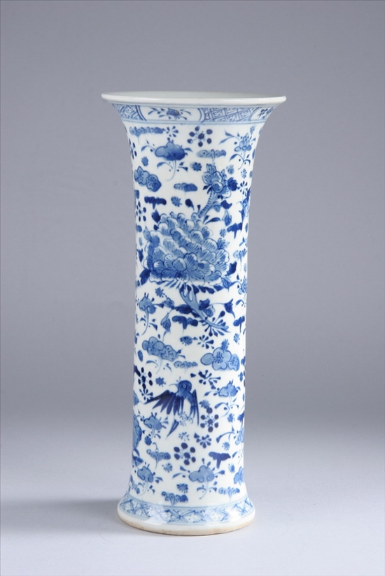 Appraisal: CHINESE BLUE AND WHITE PORCELAIN BEAKER VASE Qing Dynasty Bird