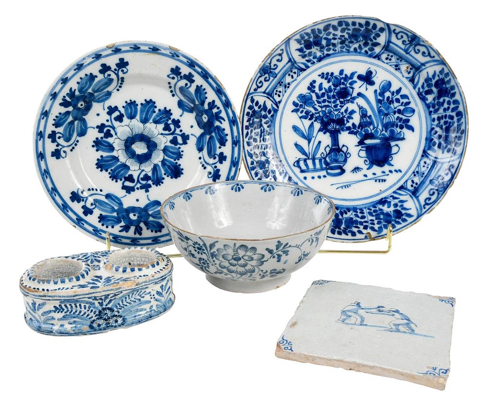 Appraisal: Five Pieces of Blue and White Delftware Dutch English th