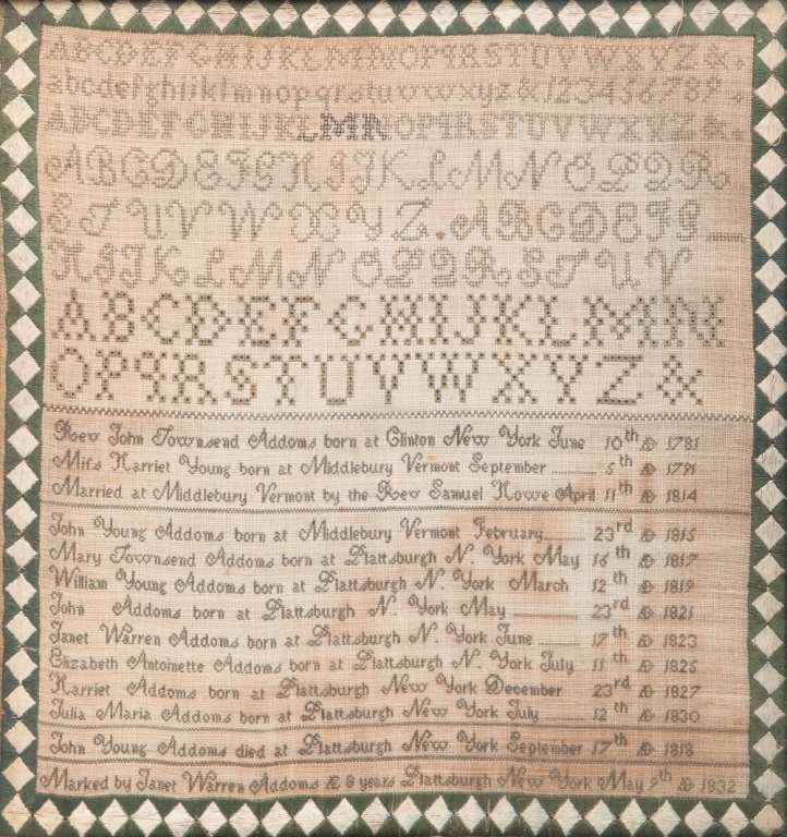 Appraisal: AMERICAN FAMILY REGISTER SAMPLER Silk on linen Records the family