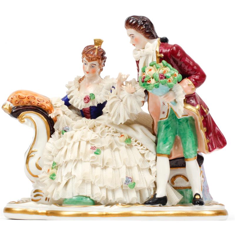 Appraisal: Dresden lace porcelain figure group th century courting couple marked