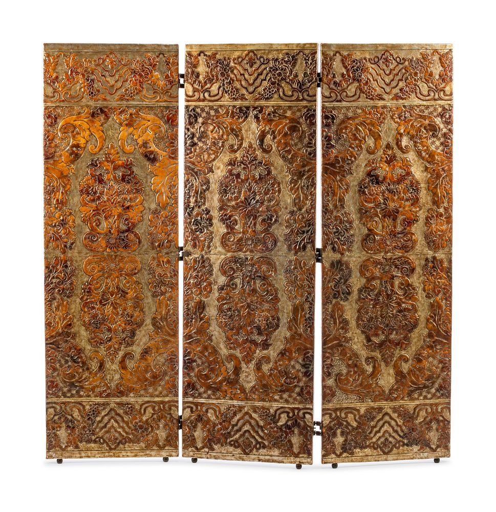 Appraisal: A Spanish Embossed Leather Three-Panel Floor Screen A Spanish Embossed