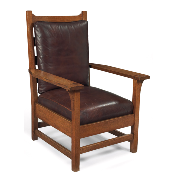 Appraisal: Gustav Stickley armchair notched horizontal rail at back thru-post construction