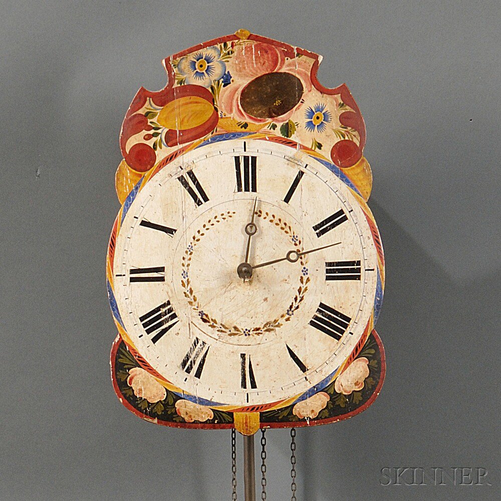 Appraisal: Polychrome-decorated Wag-on-the-wall Clock probably Germany early th century the shaped