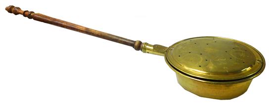 Appraisal: Bedwarmer pierced brass pan incised with floral decoration secured with