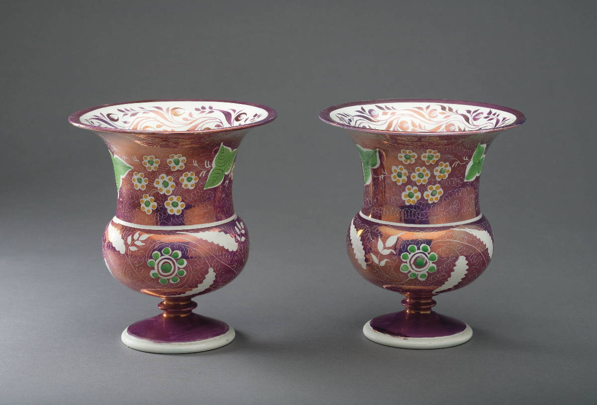 Appraisal: PAIR OF BRITISH PEARLWARE PURPLE-PINK RESIST LUSTRE AND ENAMEL-DECORATED VASES