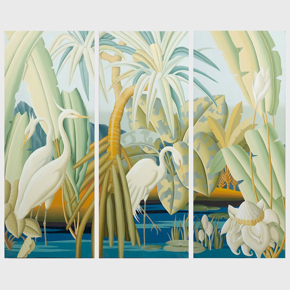 Appraisal: Garth Benton - White Heron Screen Three-panel oil on canvas