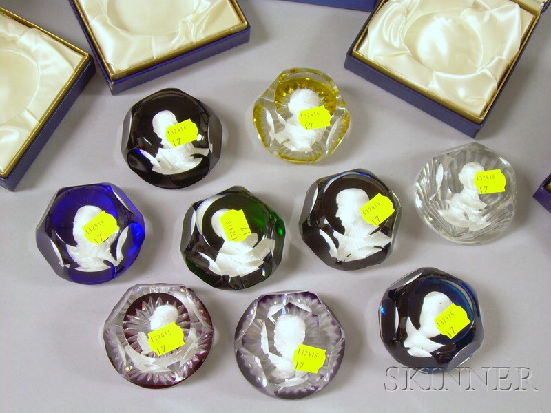 Appraisal: Nine Baccarat Sulfide and Faceted Art Glass Paperweights Lincoln Woodrow